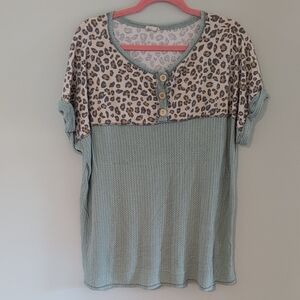 Leopard Print And Spring Green Waffle Knit Women's Top 1X